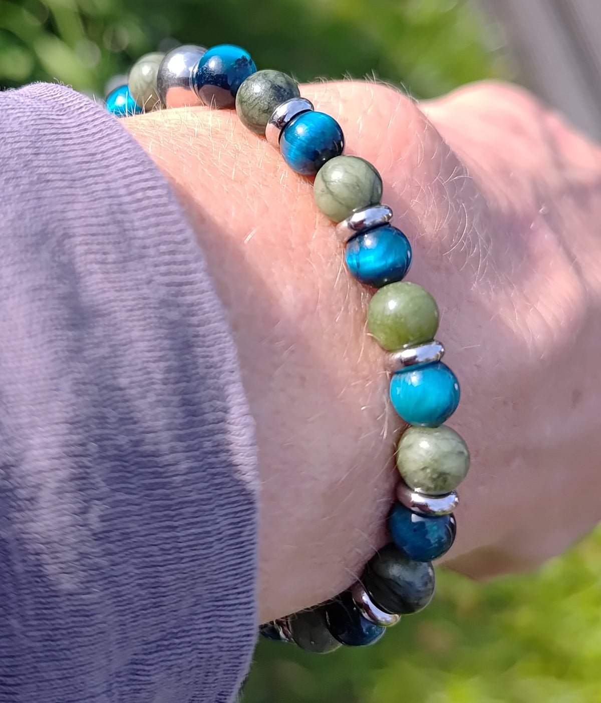 Grüne Jade, blaues Tigerauge + Edelstahl, elastisches Armband mit Naturstein, 6 mm