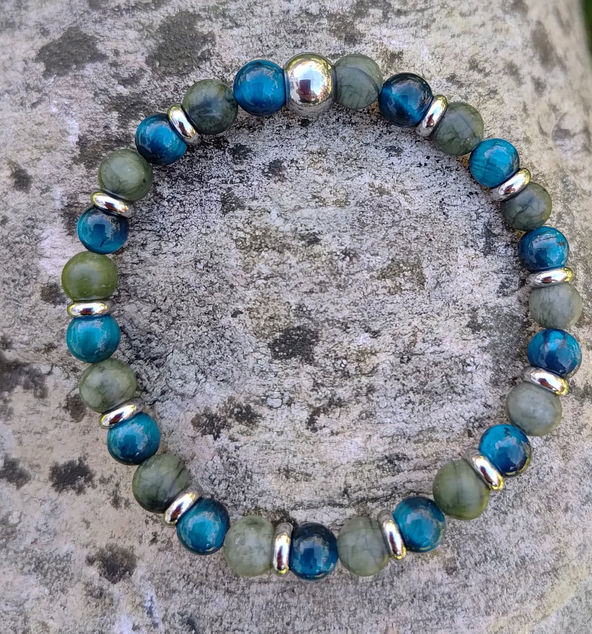 Grüne Jade, blaues Tigerauge + Edelstahl, elastisches Armband mit Naturstein, 6 mm