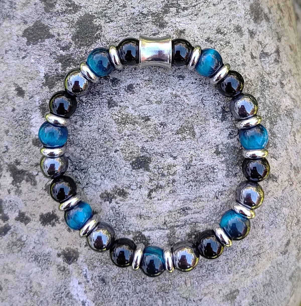 Blaues Tigerauge, Onyx, Hämatit + Edelstahl, elastisches Armband mit Naturstein, 8 mm