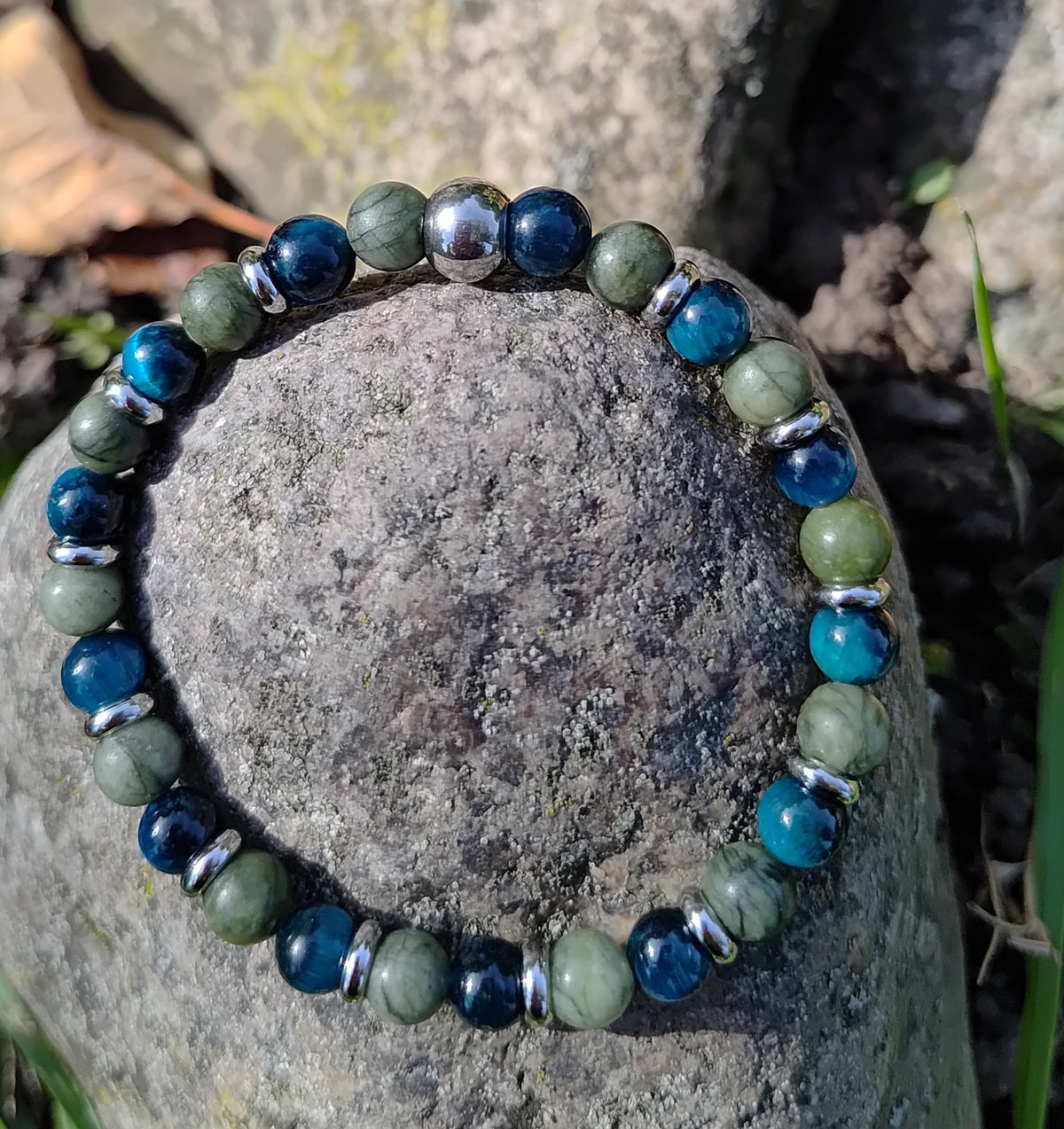 Grüne Jade, blaues Tigerauge + Edelstahl, elastisches Armband mit Naturstein, 6 mm