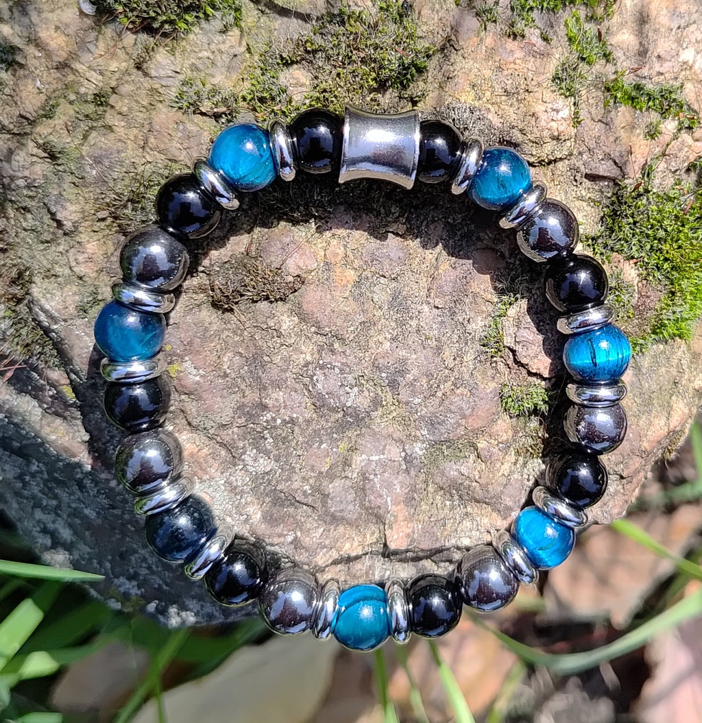 Blaues Tigerauge, Onyx, Hämatit + Edelstahl, elastisches Armband mit Naturstein, 8 mm