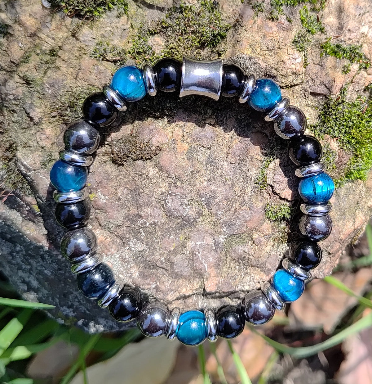 Blaues Tigerauge, Onyx, Hämatit + Edelstahl, elastisches Armband mit Naturstein, 8 mm