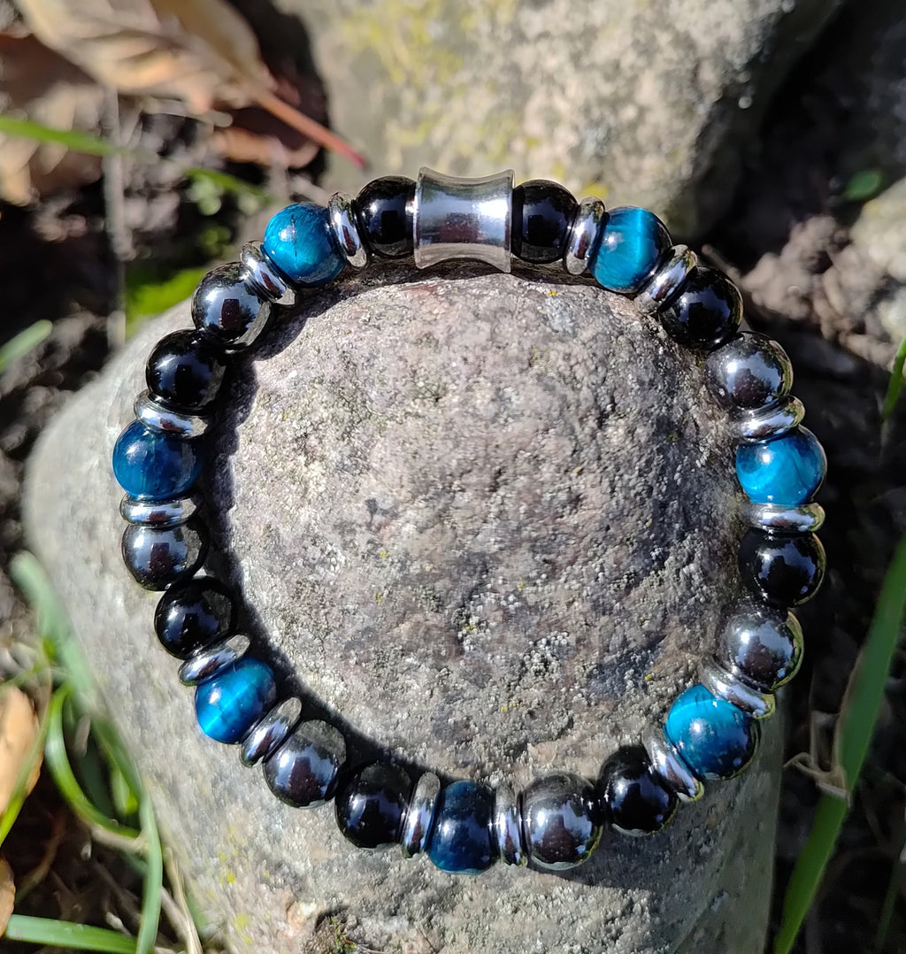 Blaues Tigerauge, Onyx, Hämatit + Edelstahl, elastisches Armband mit Naturstein, 8 mm