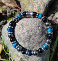 Blaues Tigerauge, Onyx, Hämatit + Edelstahl, elastisches Armband mit Naturstein, 8 mm