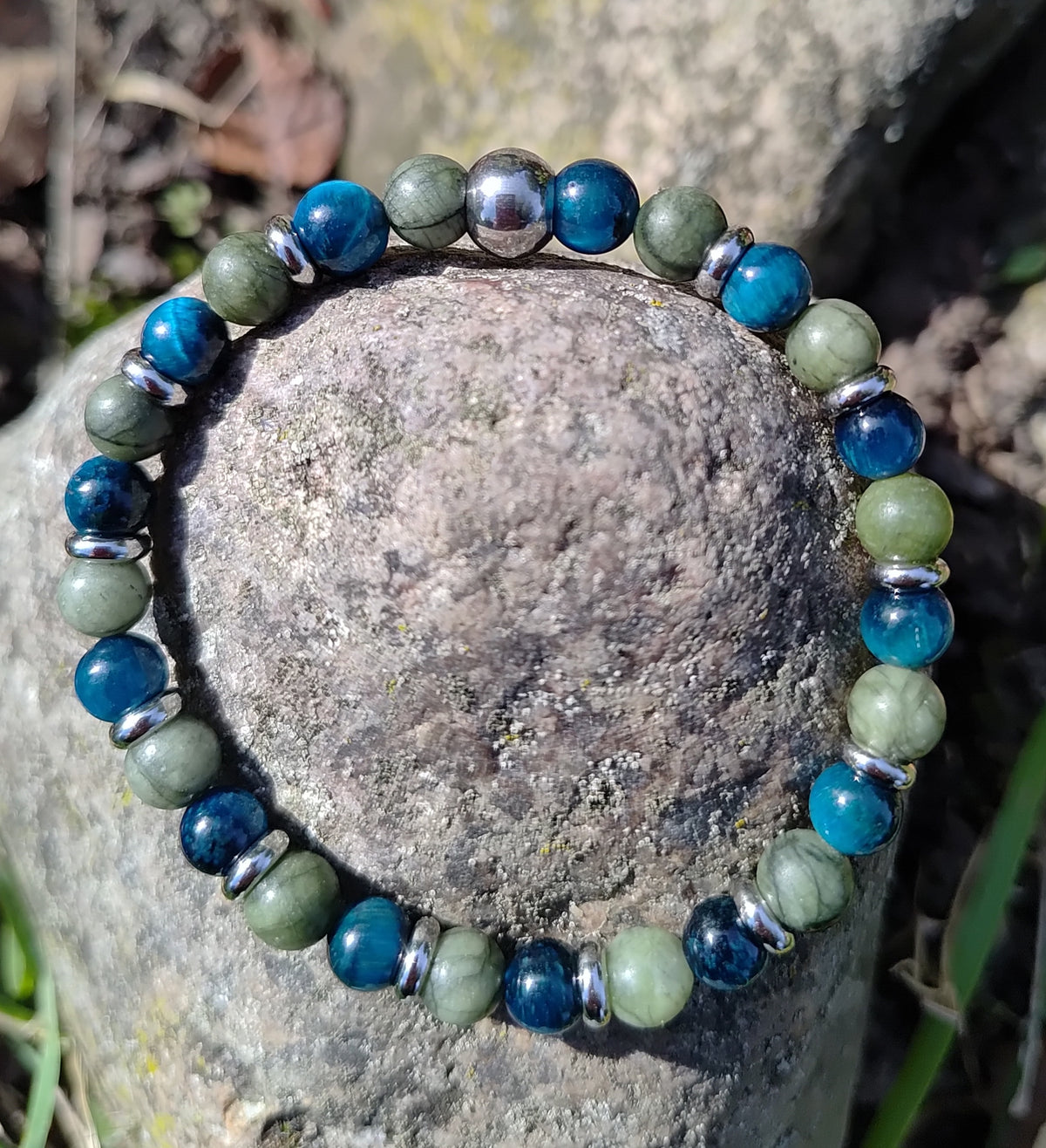 Grüne Jade, blaues Tigerauge + Edelstahl, elastisches Armband mit Naturstein, 6 mm