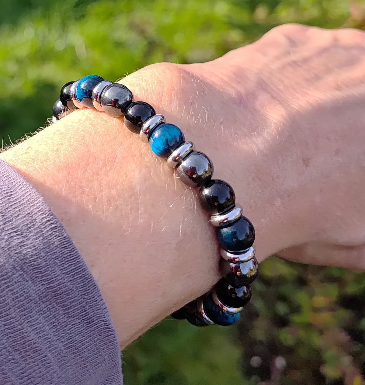Blaues Tigerauge, Onyx, Hämatit + Edelstahl, elastisches Armband mit Naturstein, 8 mm