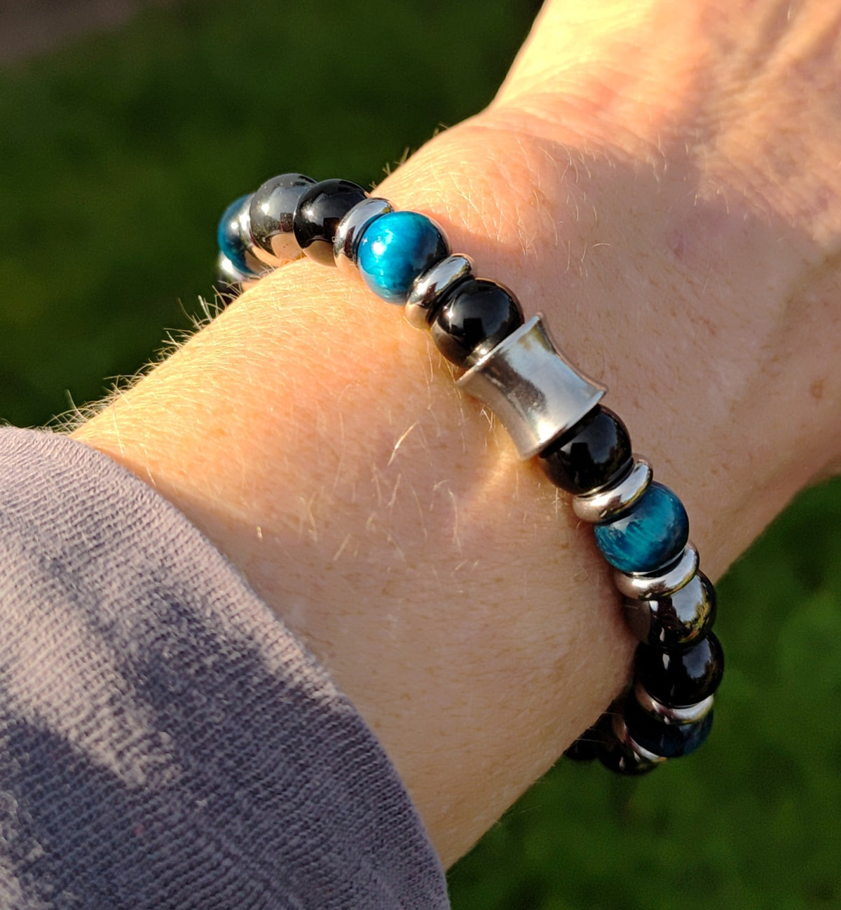 Blaues Tigerauge, Onyx, Hämatit + Edelstahl, elastisches Armband mit Naturstein, 8 mm