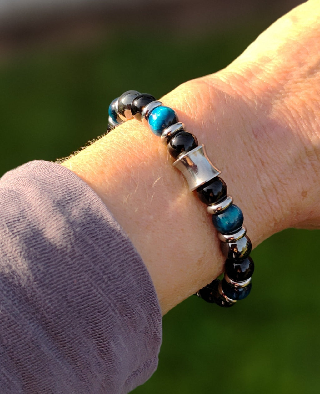 Blaues Tigerauge, Onyx, Hämatit + Edelstahl, elastisches Armband mit Naturstein, 8 mm