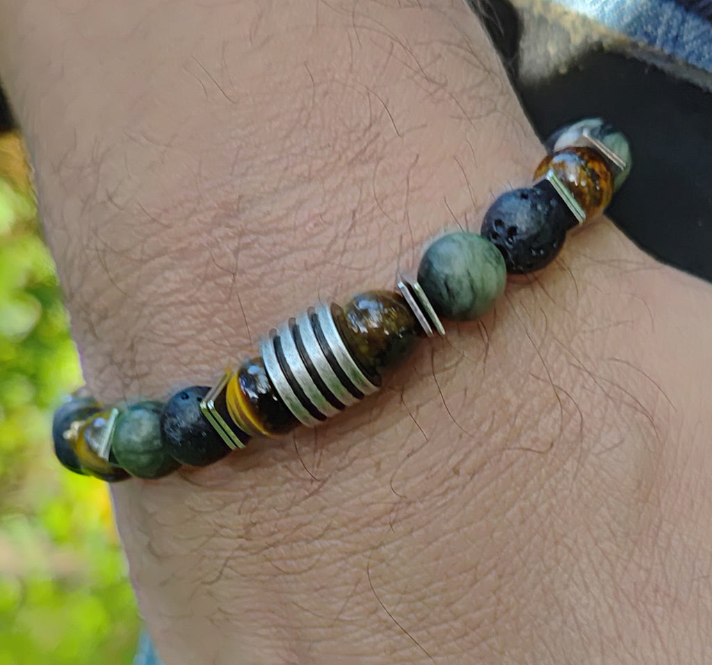 Tigerauge, grüne Jade, Lavastein + Edelstahl, elastisches Armband mit Naturstein, 8 mm