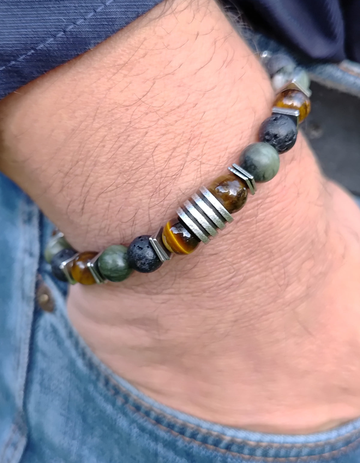 Tigerauge, grüne Jade, Lavastein + Edelstahl, elastisches Armband mit Naturstein, 8 mm
