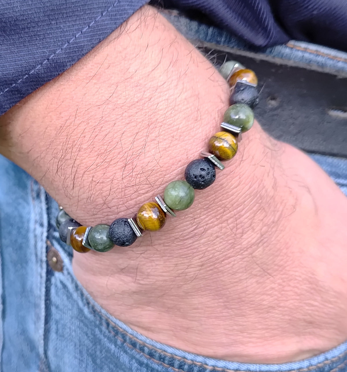 Tigerauge, grüne Jade, Lavastein + Edelstahl, elastisches Armband mit Naturstein, 8 mm