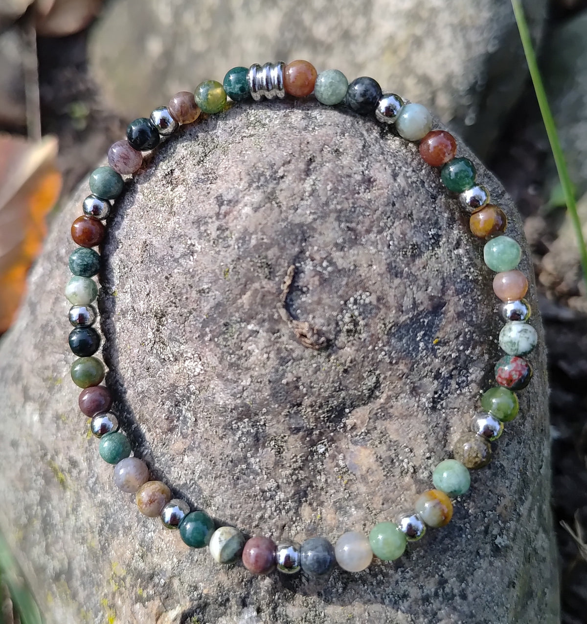 Indischer Achat + Edelstahl, elastische Armband mit Naturstein, 4 mm