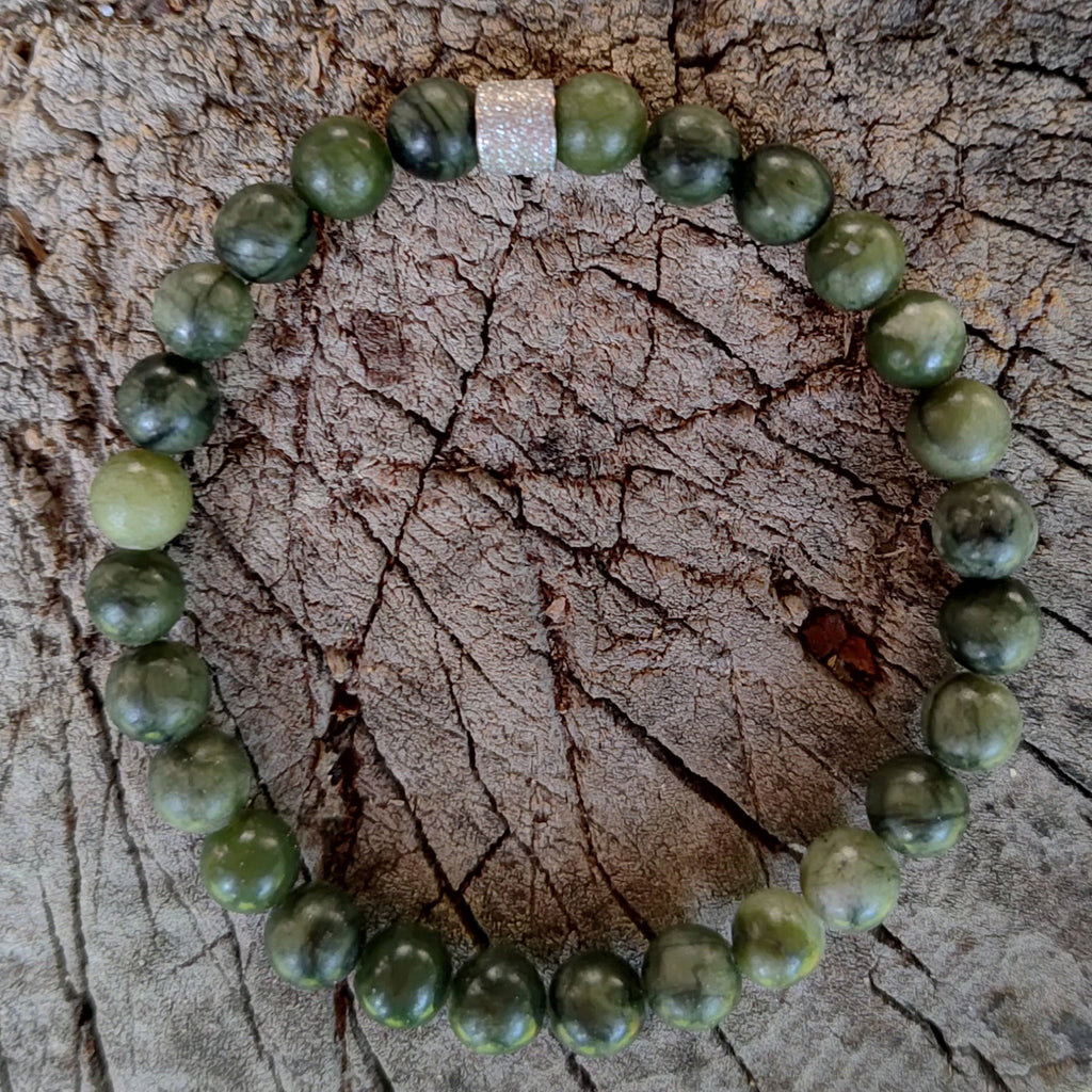 Grüne Jade + Edelstahl, elastisches Armband mit Naturstein, 6 mm