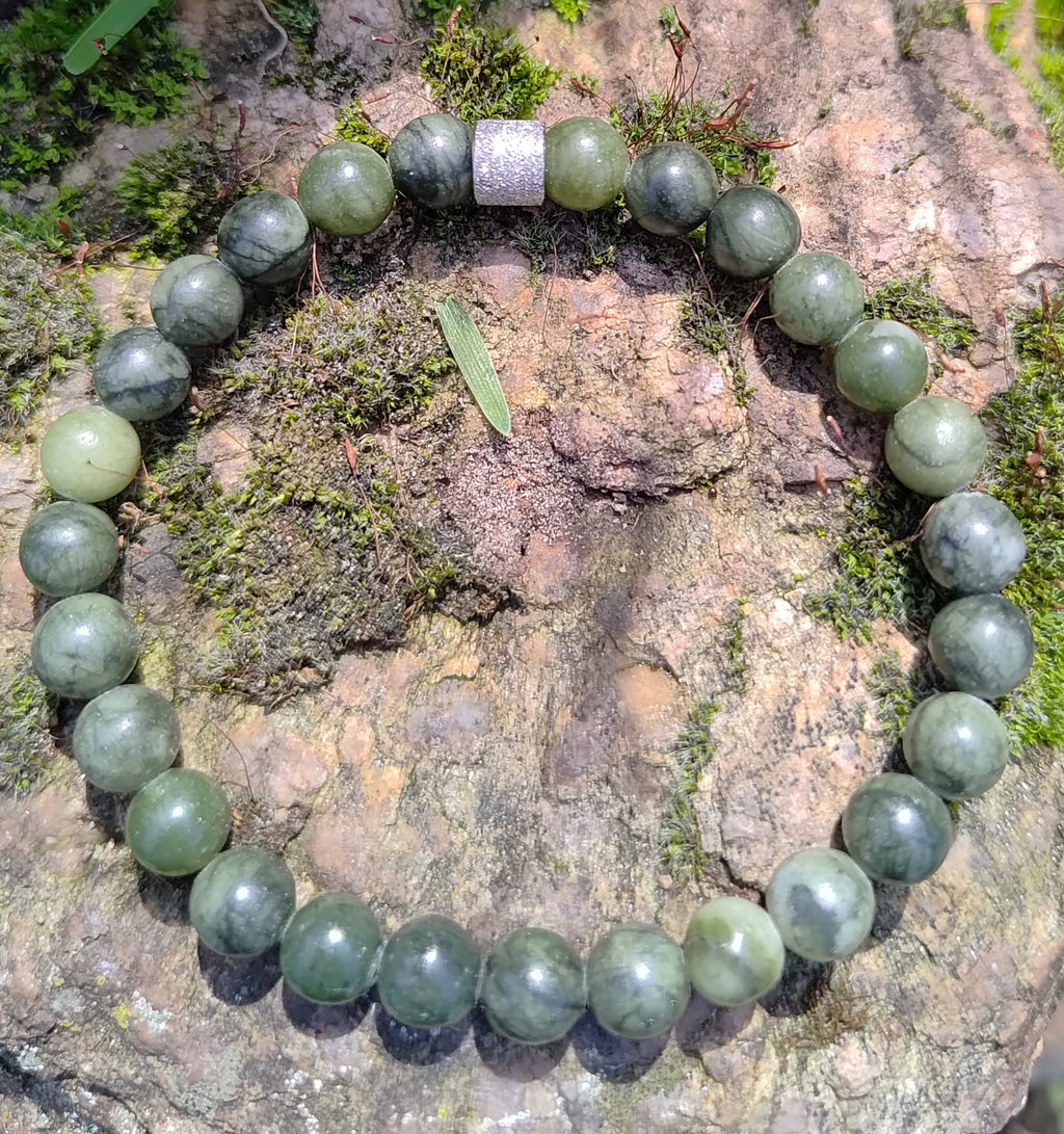 Grüne Jade + Edelstahl, elastisches Armband mit Naturstein, 6 mm