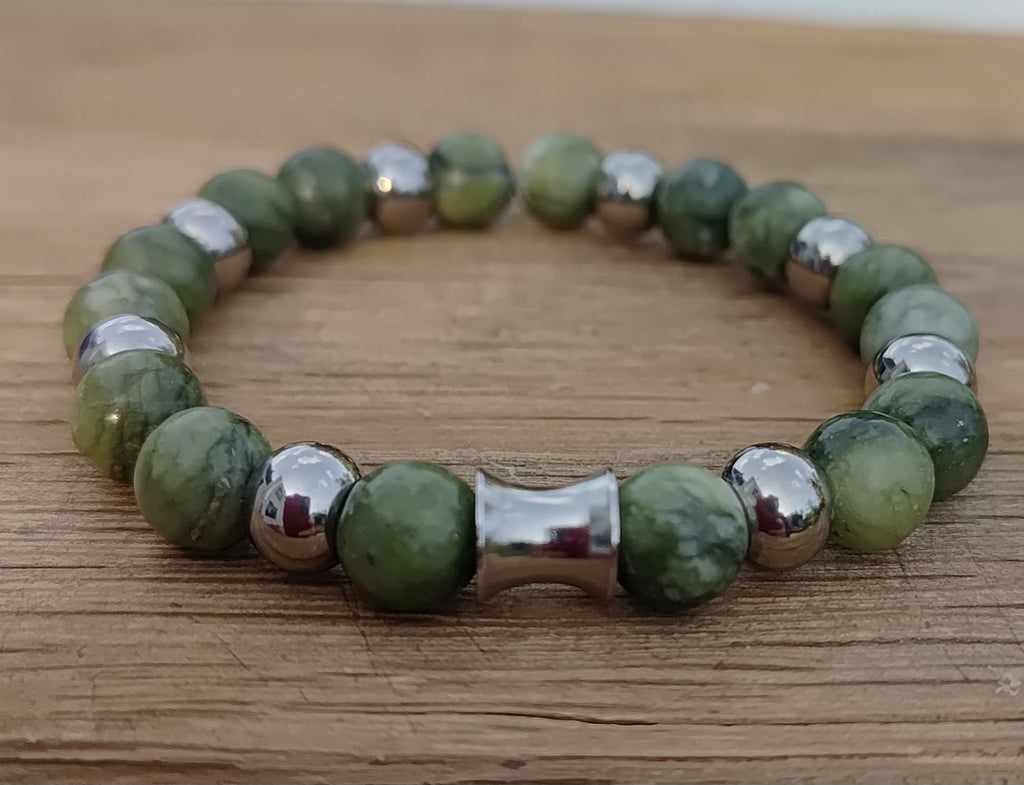 Grüne Jade + Edelstahl, elastisches Armband mit Naturstein, 8 mm