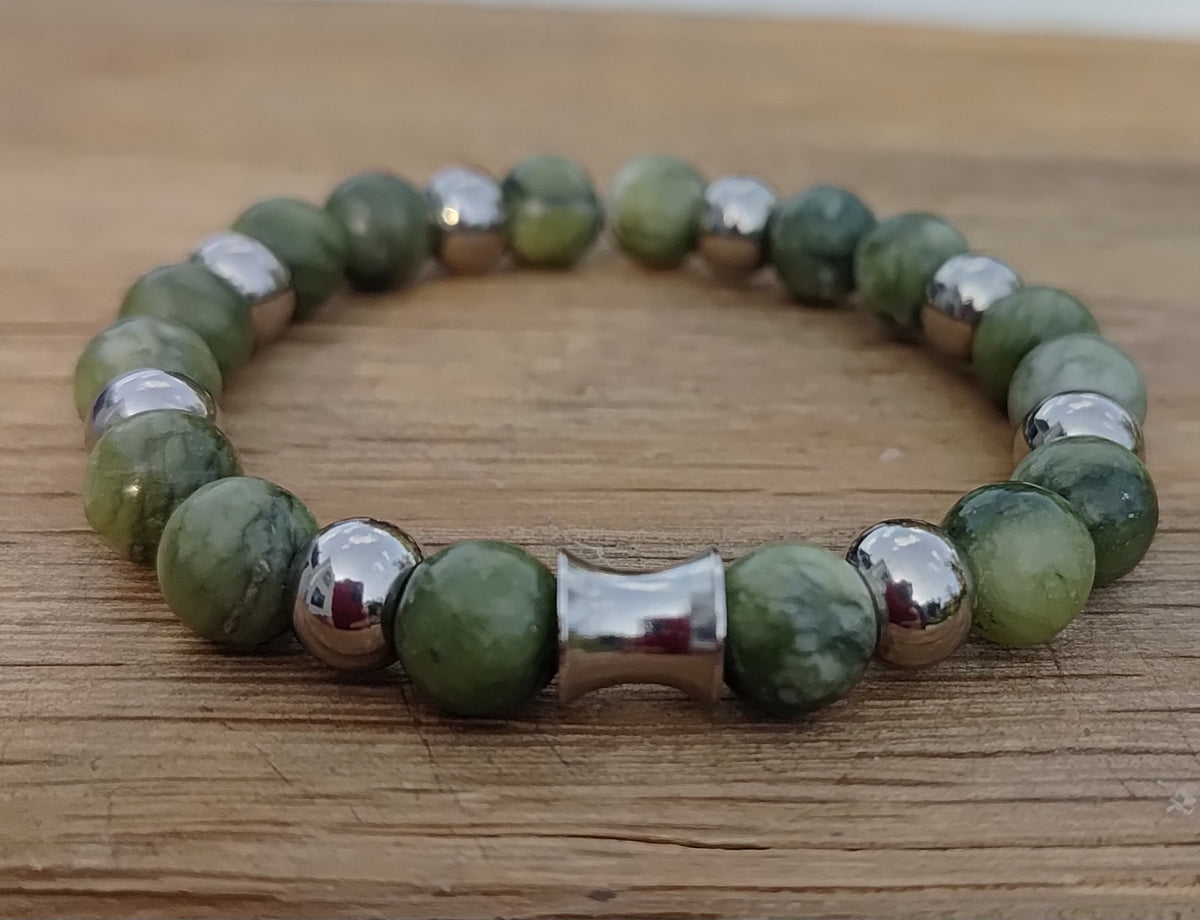 Grüne Jade + Edelstahl, elastisches Armband mit Naturstein, 8 mm