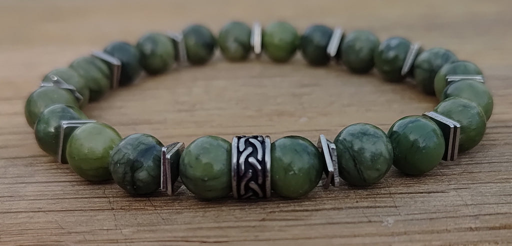 Grüne Jade + Edelstahl, elastisches Armband mit Naturstein, 8 mm