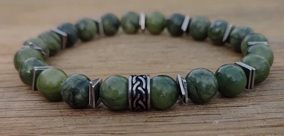Grüne Jade + Edelstahl, elastisches Armband mit Naturstein, 8 mm
