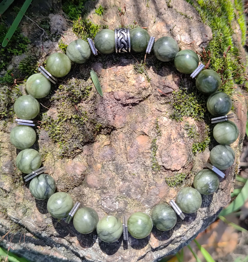Grüne Jade + Edelstahl, elastisches Armband mit Naturstein, 8 mm