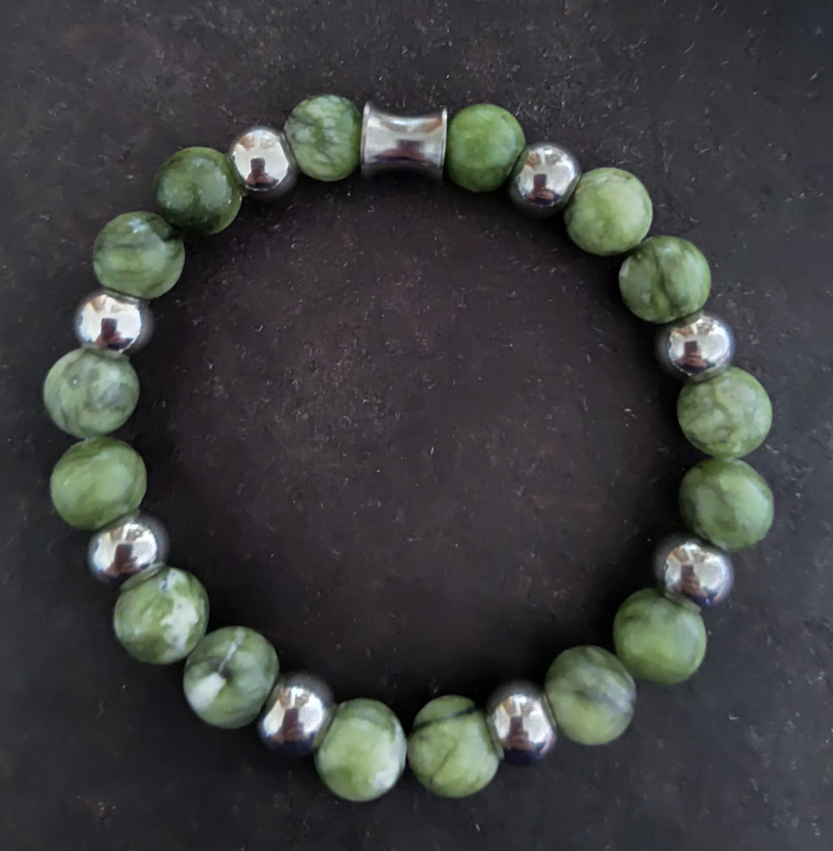 Grüne Jade + Edelstahl, elastisches Armband mit Naturstein, 8 mm