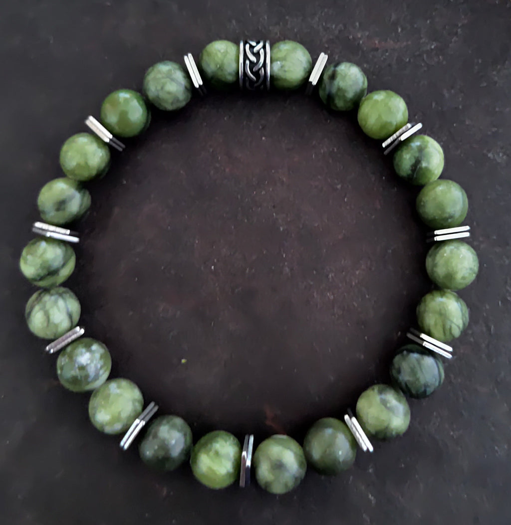 Grüne Jade + Edelstahl, elastisches Armband mit Naturstein, 8 mm