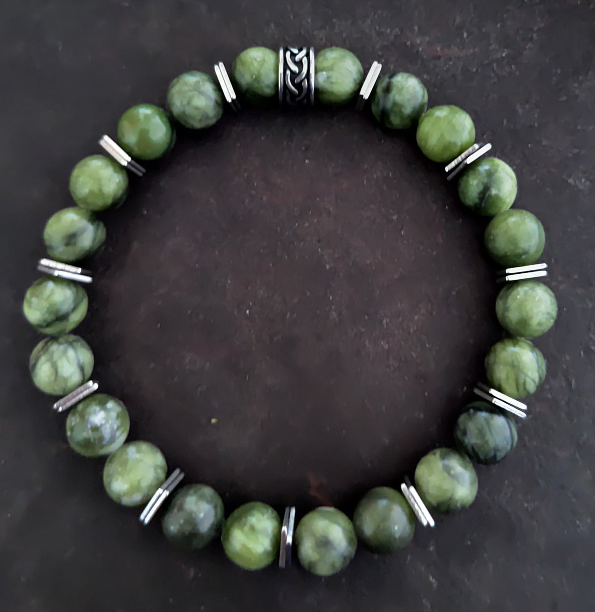 Grüne Jade + Edelstahl, elastisches Armband mit Naturstein, 8 mm