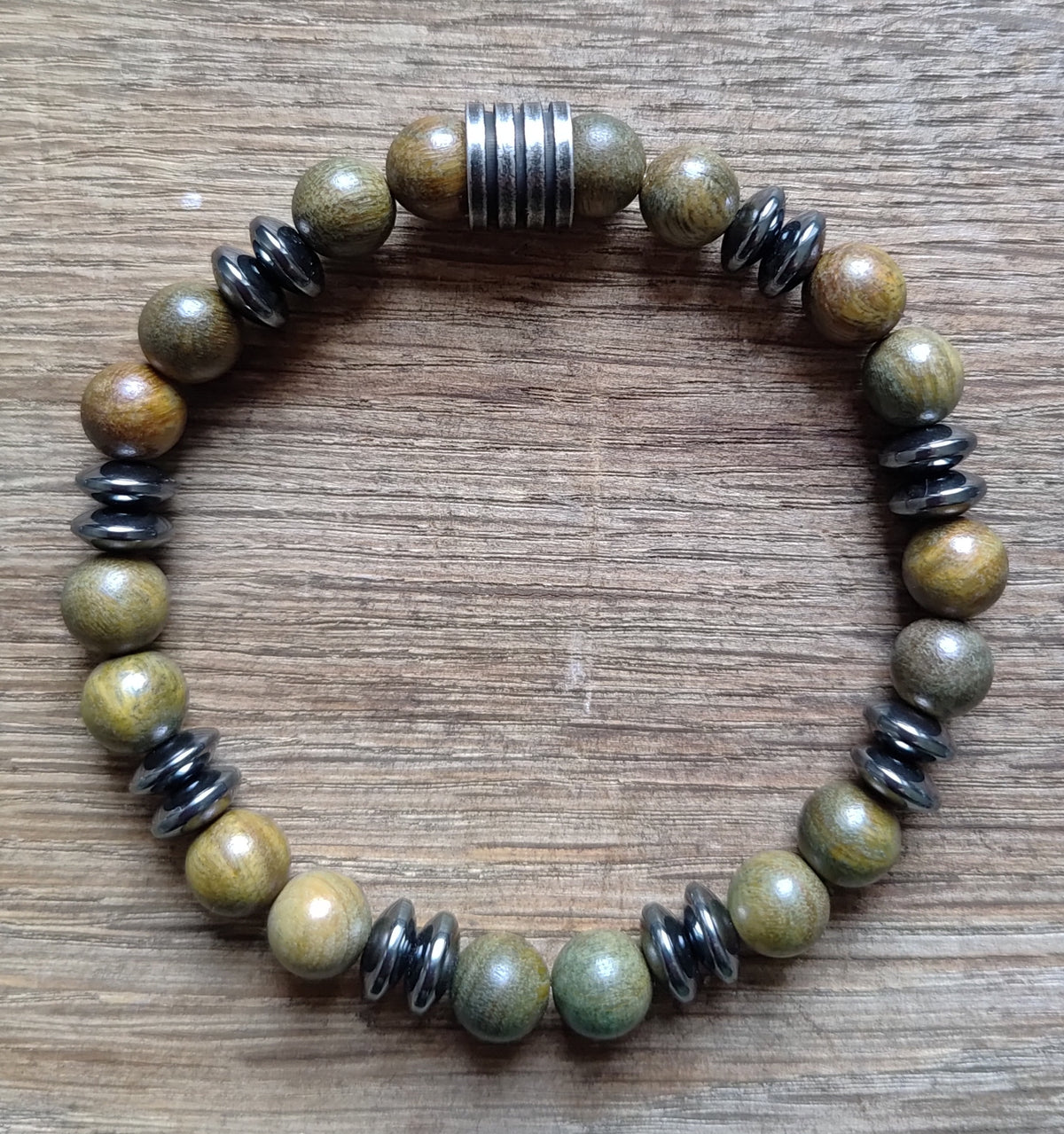 Hämatit, Sandelholz + Edelstahl, elastisches Armband mit Naturstein, 8 mm