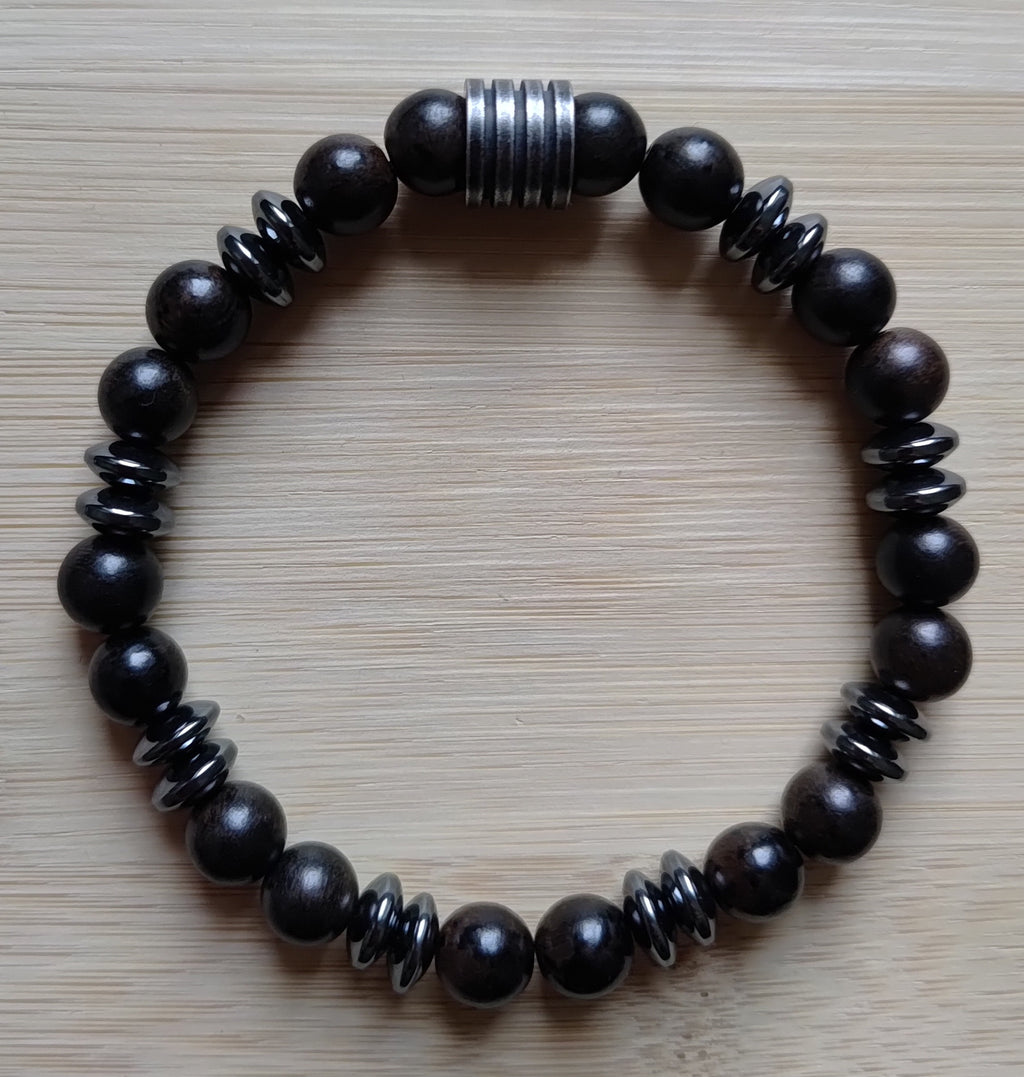 Hämatit, Sandelholz + Edelstahl, elastisches Armband mit Naturstein, 8 mm