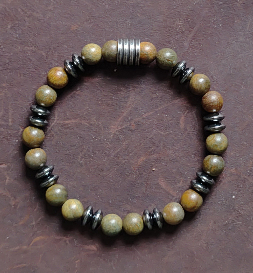 Hämatit, Sandelholz + Edelstahl, elastisches Armband mit Naturstein, 8 mm