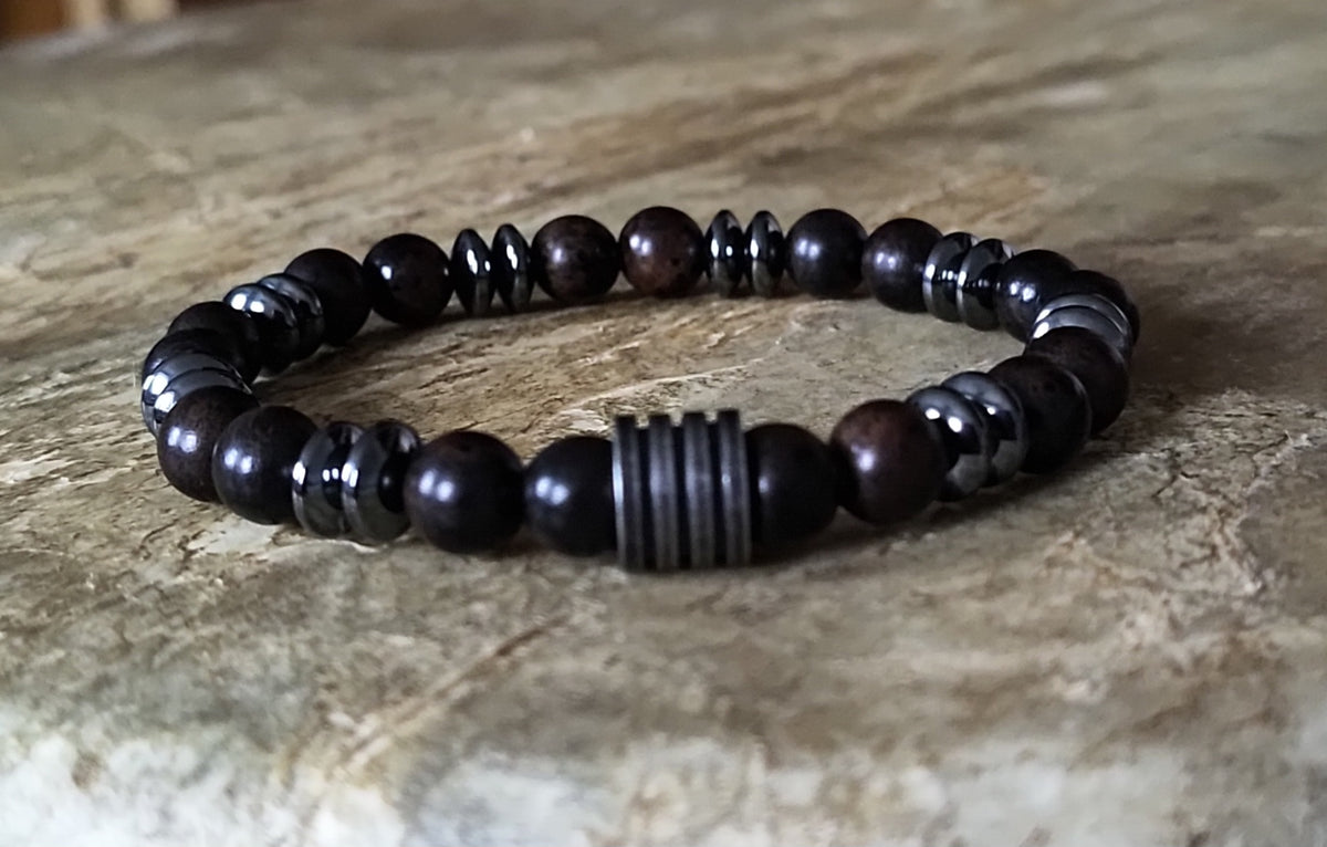 Hämatit, Sandelholz + Edelstahl, elastisches Armband mit Naturstein, 8 mm