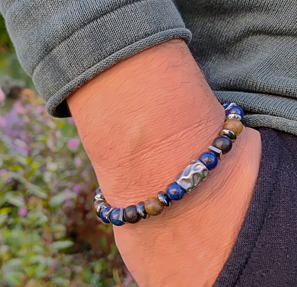 Lapislazuli, Sandelholz, Hämatit + Edelstahl, elastisches Armband mit Naturstein, 8 mm