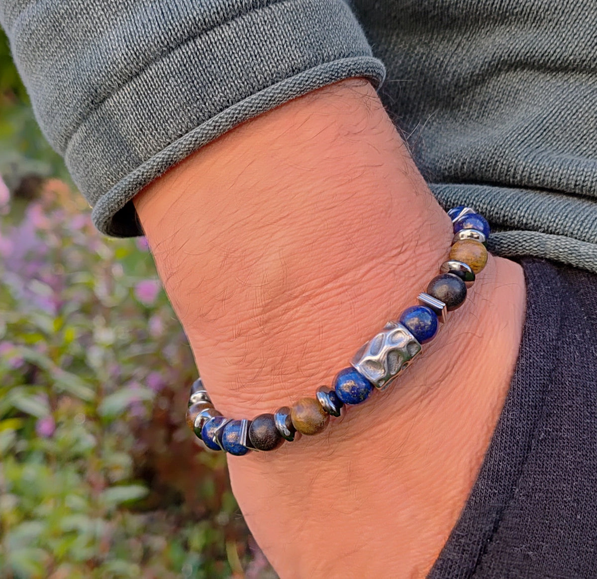 Lapislazuli, Sandelholz, Hämatit + Edelstahl, elastisches Armband mit Naturstein, 8 mm