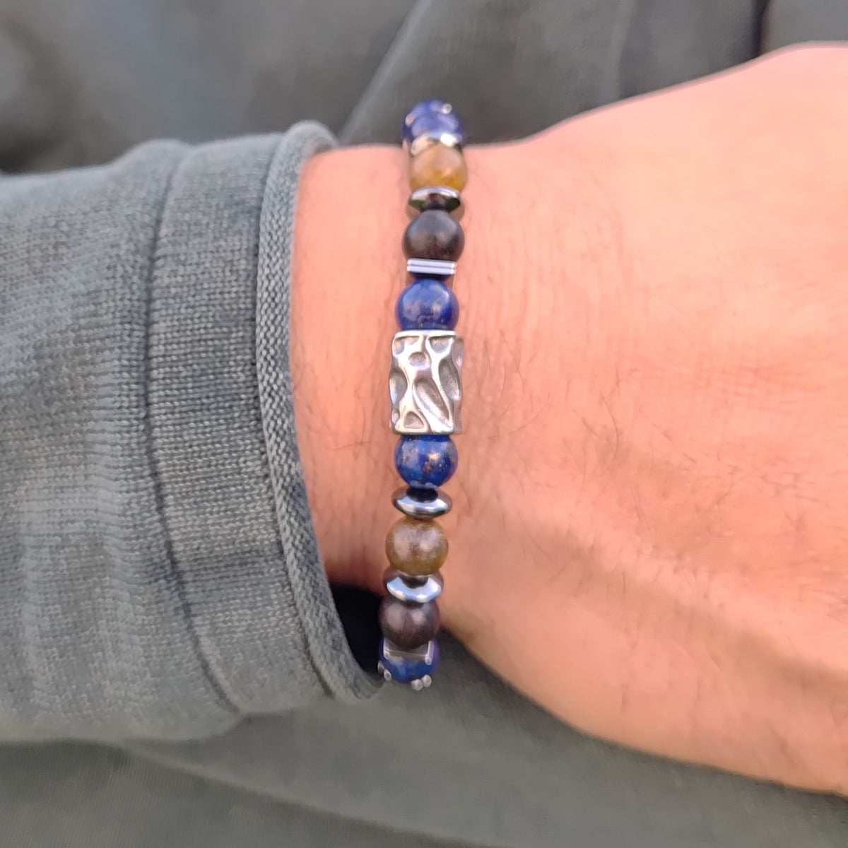 Lapislazuli, Sandelholz, Hämatit + Edelstahl, elastisches Armband mit Naturstein, 8 mm