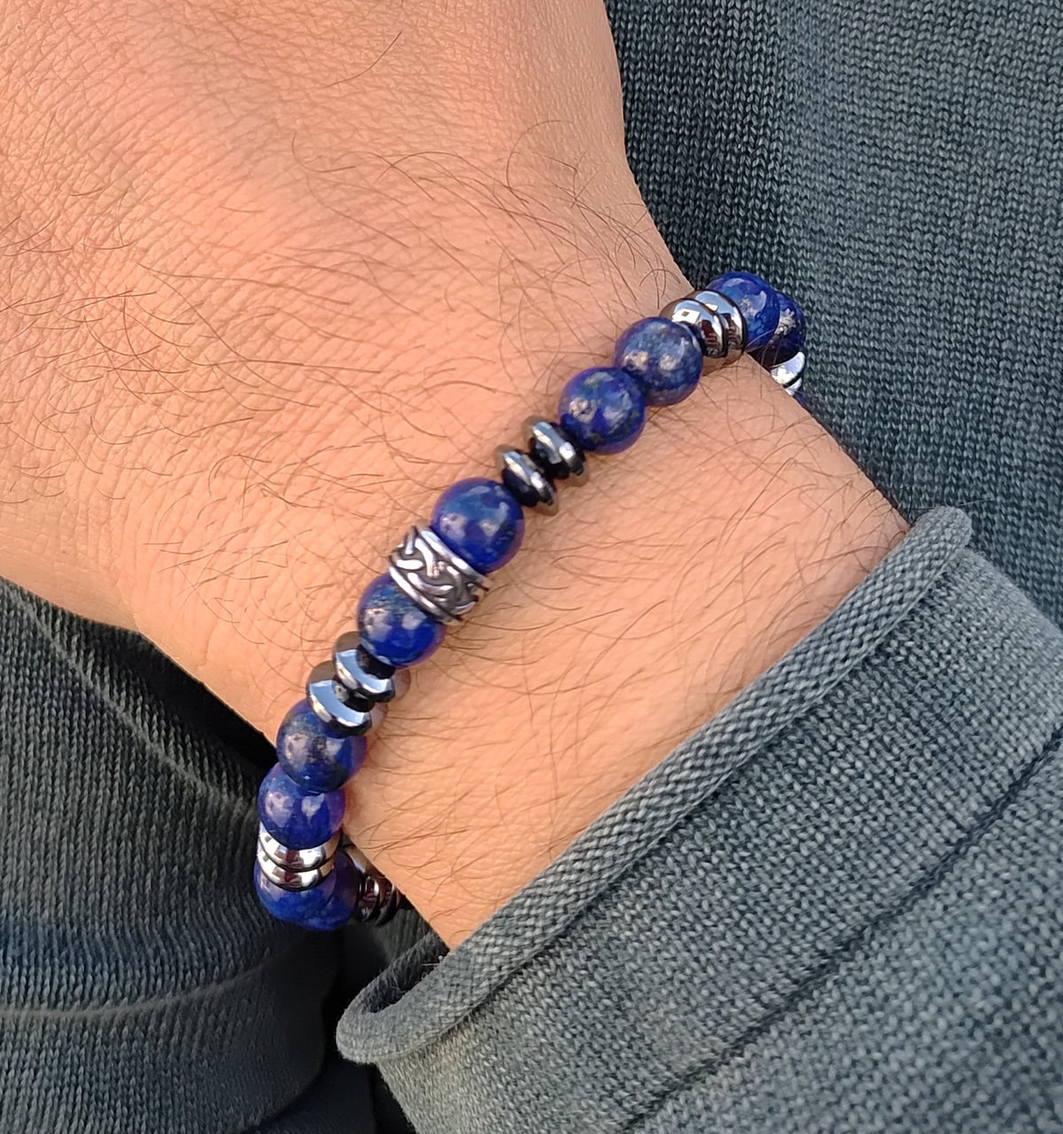 Lapislazuli, Hämatit + Edelstahl, elastisches Armband mit Naturstein, 8 mm