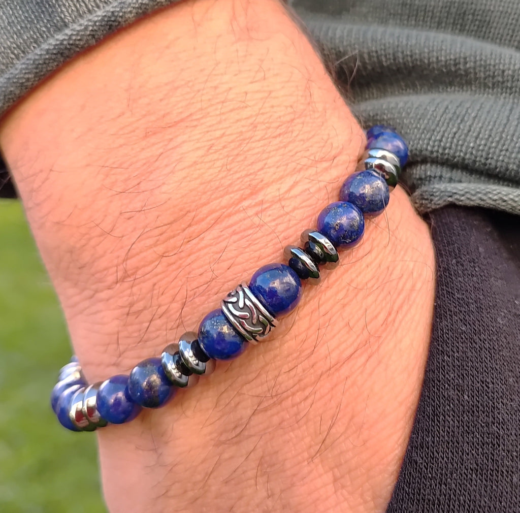 Lapislazuli, Hämatit + Edelstahl, elastisches Armband mit Naturstein, 8 mm