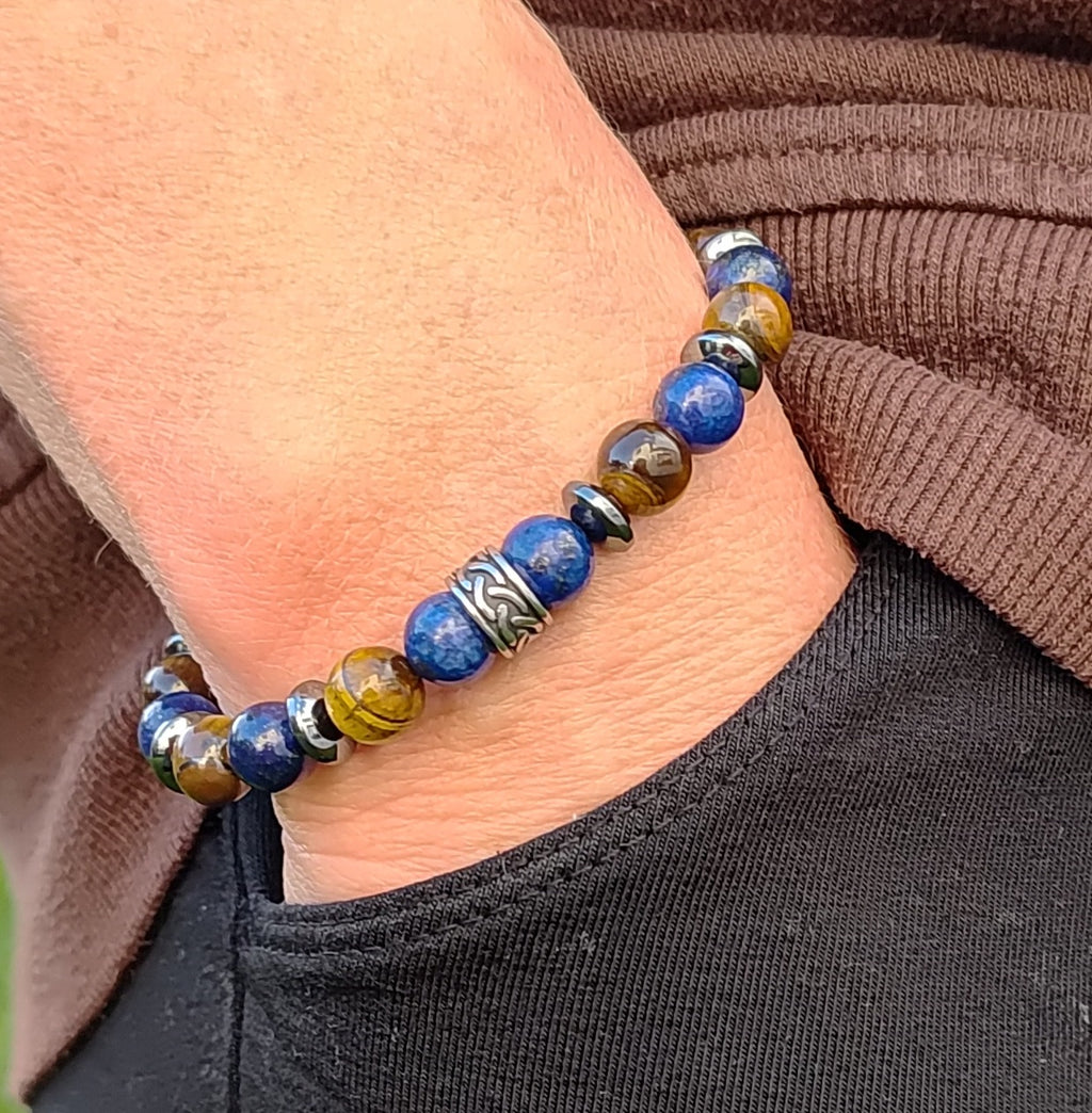 Lapislazuli, Tigerauge, Hämatit + Edelstahl, elastisches Armband mit Naturstein, 8 cm