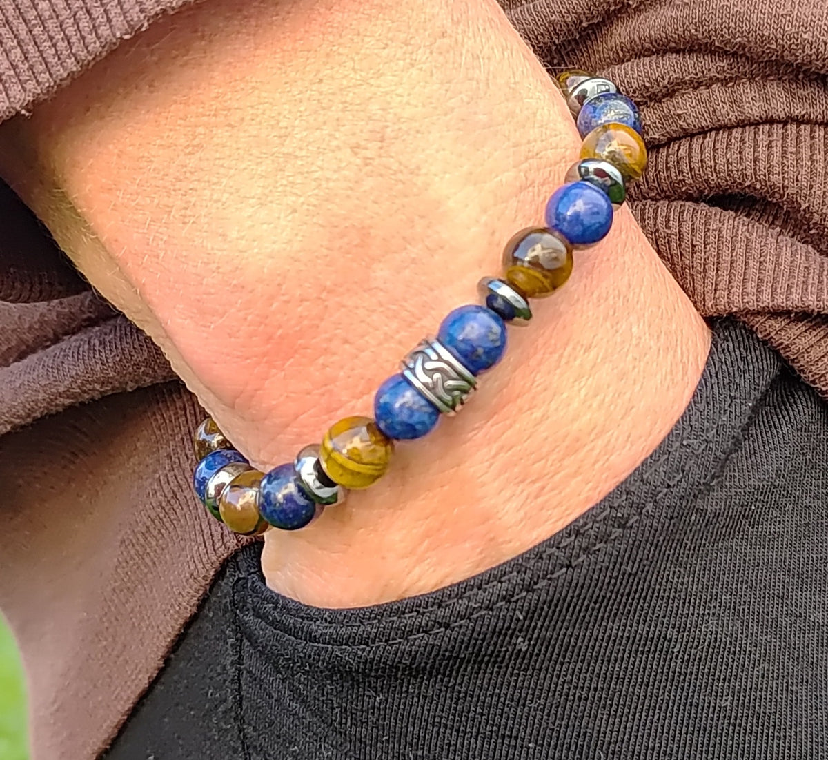 Lapislazuli, Tigerauge, Hämatit + Edelstahl, elastisches Armband mit Naturstein, 8 cm