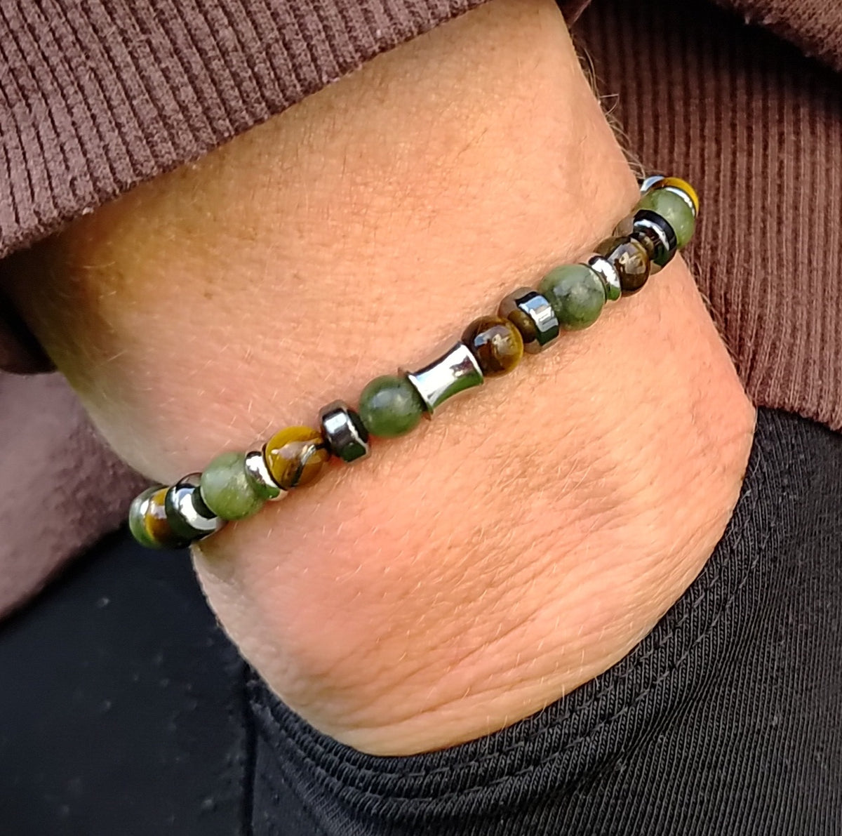 Grüne Jade, Tigerauge, Hämatit + Edelstahl, elastisches Armband mit Naturstein, 6 mm