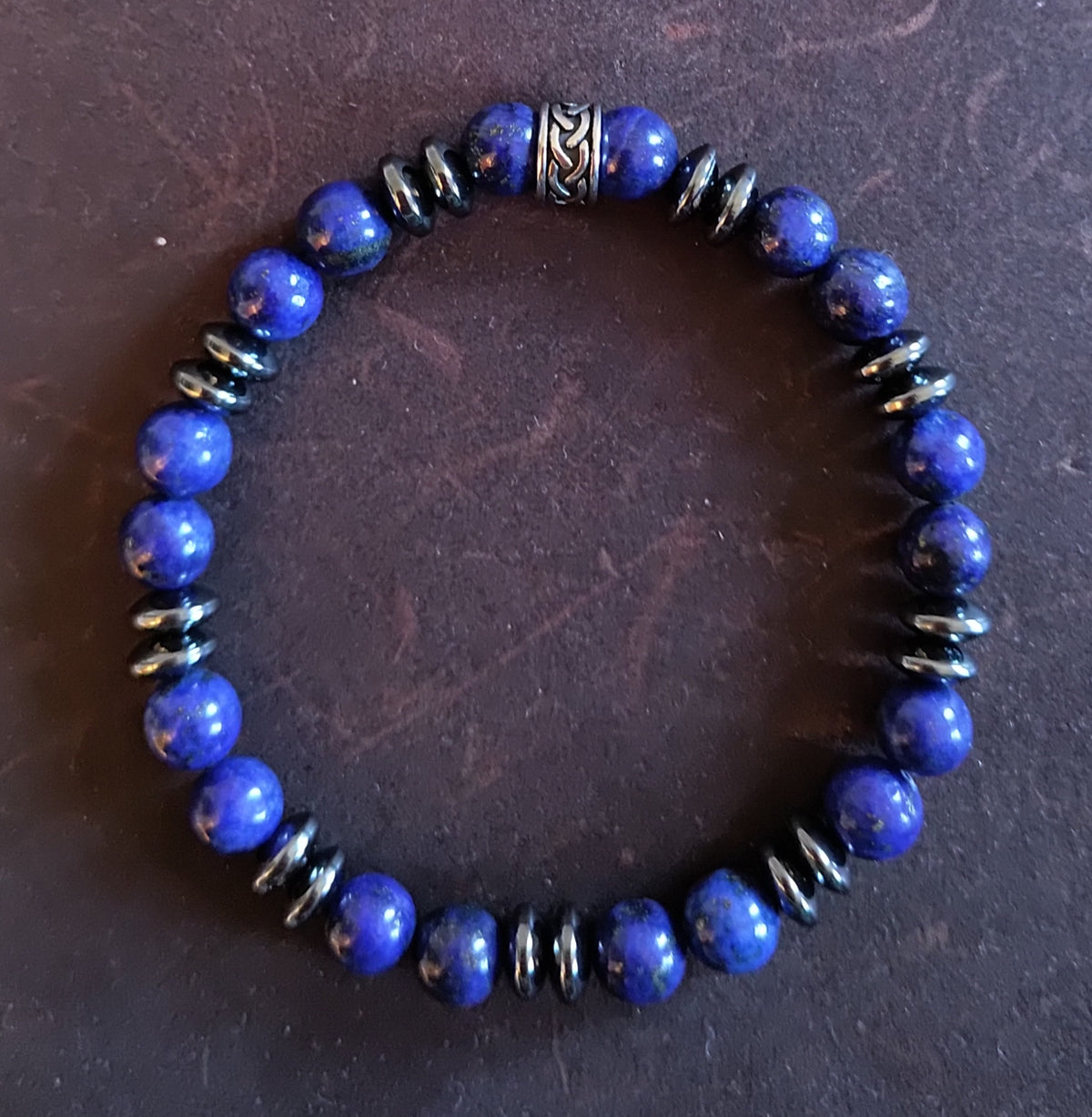 Lapislazuli, Hämatit + Edelstahl, elastisches Armband mit Naturstein, 8 mm