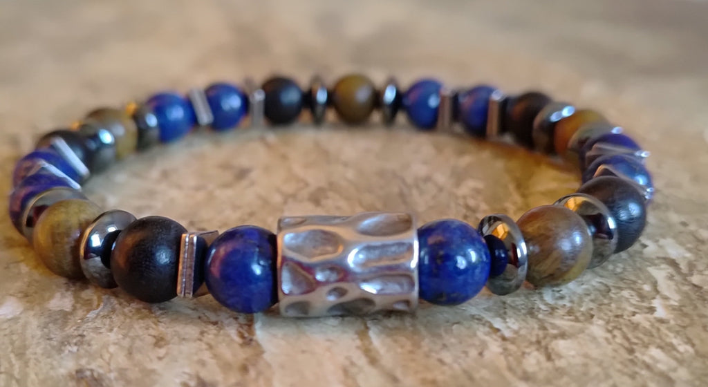 Lapislazuli, Sandelholz, Hämatit + Edelstahl, elastisches Armband mit Naturstein, 8 mm