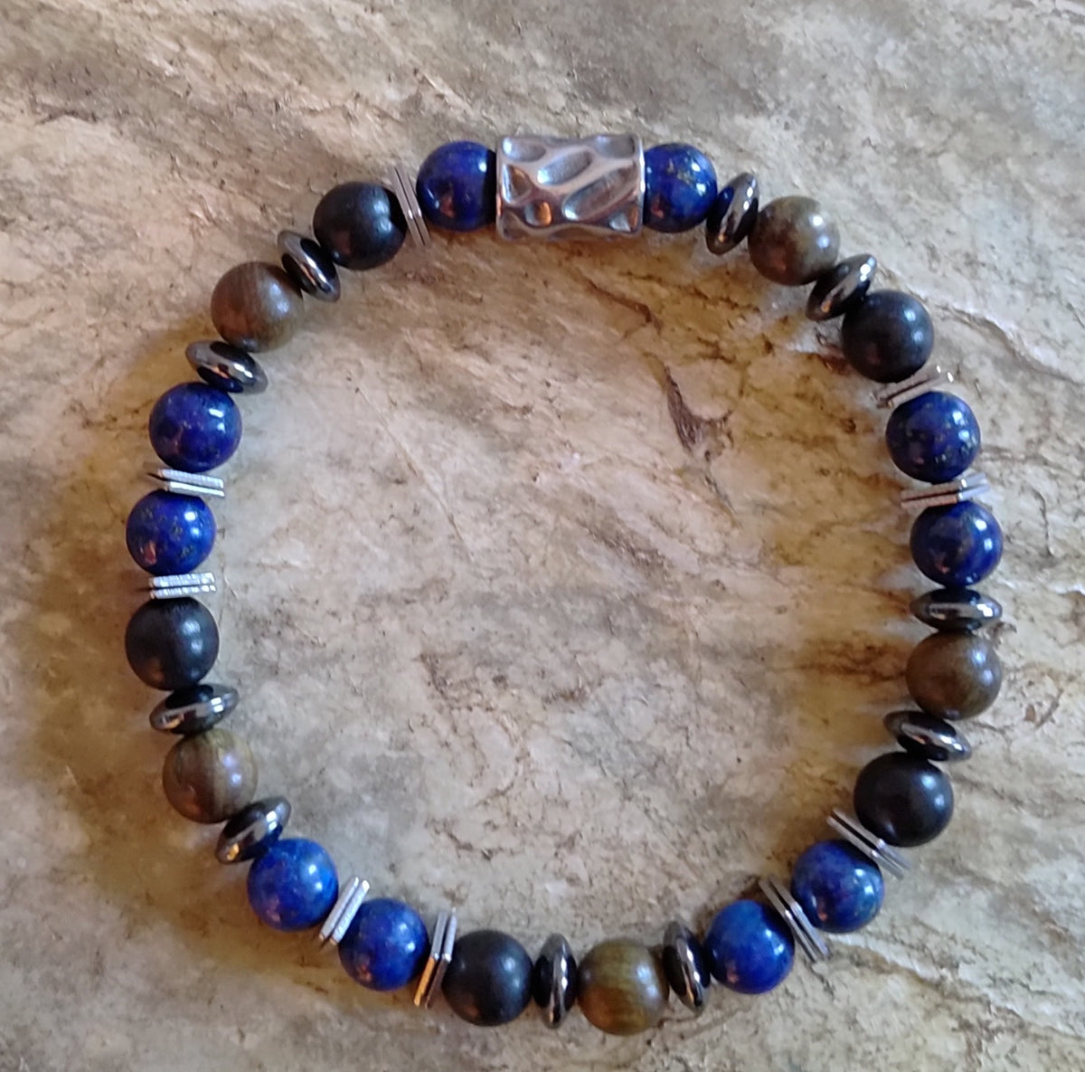 Lapislazuli, Sandelholz, Hämatit + Edelstahl, elastisches Armband mit Naturstein, 8 mm