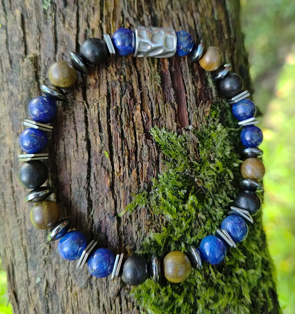 Lapislazuli, Sandelholz, Hämatit + Edelstahl, elastisches Armband mit Naturstein, 8 mm