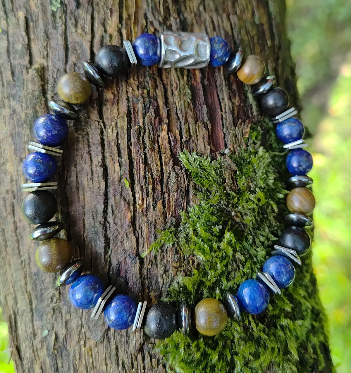 Lapislazuli, Sandelholz, Hämatit + Edelstahl, elastisches Armband mit Naturstein, 8 mm