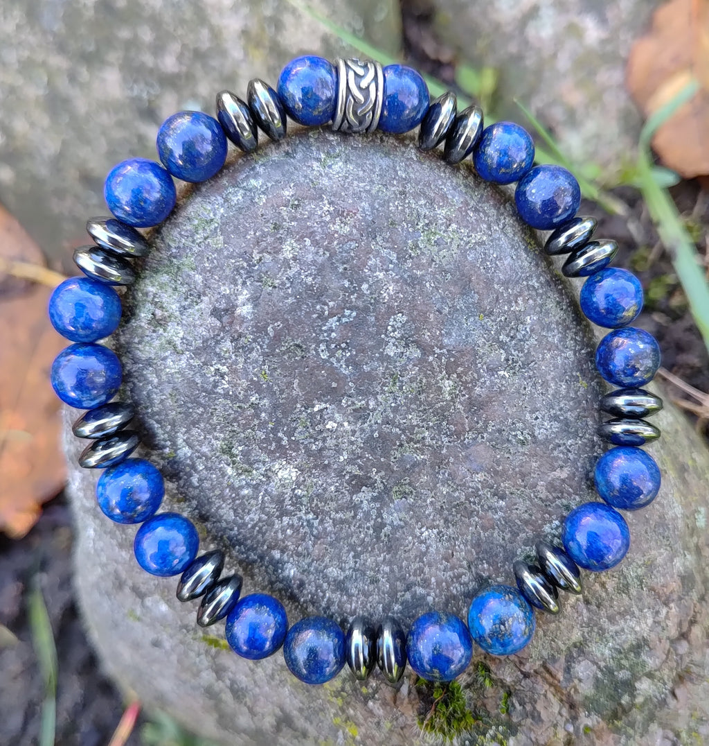 Lapislazuli, Hämatit + Edelstahl, elastisches Armband mit Naturstein, 8 mm