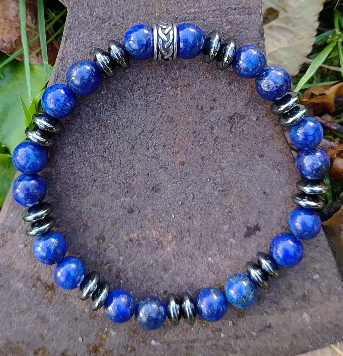 Lapislazuli, Hämatit + Edelstahl, elastisches Armband mit Naturstein, 8 mm