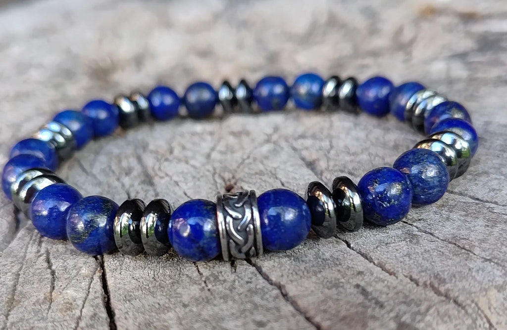 Lapislazuli, Hämatit + Edelstahl, elastisches Armband mit Naturstein, 8 mm
