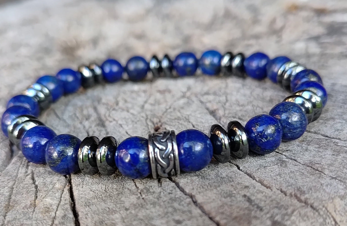 Lapislazuli, Hämatit + Edelstahl, elastisches Armband mit Naturstein, 8 mm