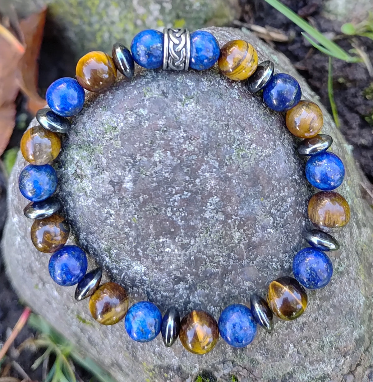 Lapislazuli, Tigerauge, Hämatit + Edelstahl, elastisches Armband mit Naturstein, 8 cm