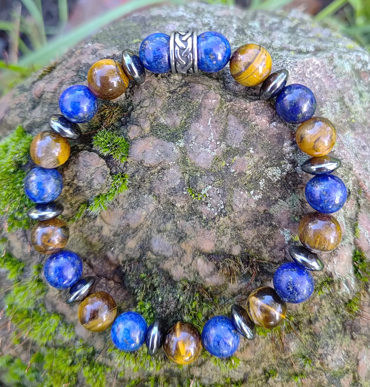 Lapislazuli, Tigerauge, Hämatit + Edelstahl, elastisches Armband mit Naturstein, 8 cm
