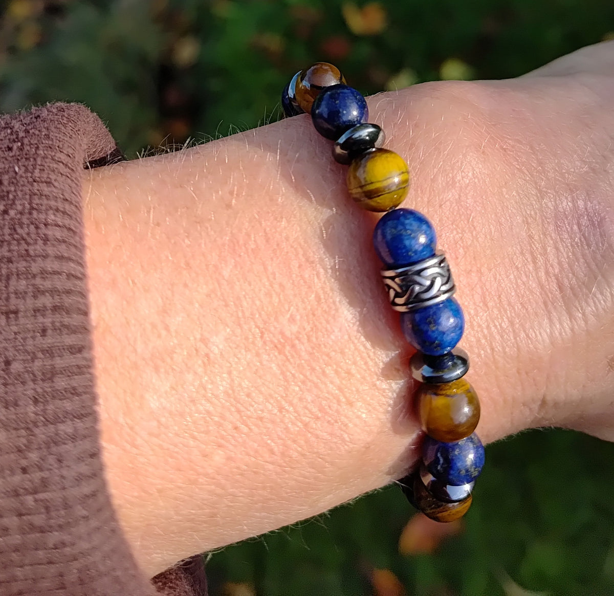 Lapislazuli, Tigerauge, Hämatit + Edelstahl, elastisches Armband mit Naturstein, 8 cm